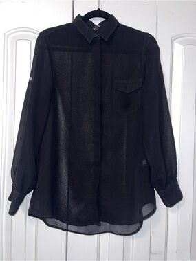 Black Sheer Button-Up Blouse with Pocket